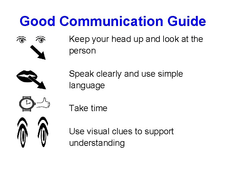 Good Communication Guide Keep your head up and look at the person Speak clearly