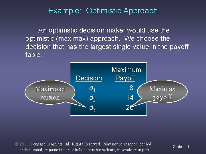 Example: Optimistic Approach An optimistic decision maker would use the optimistic (maximax) approach. We
