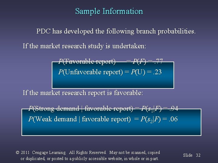 Sample Information PDC has developed the following branch probabilities. If the market research study