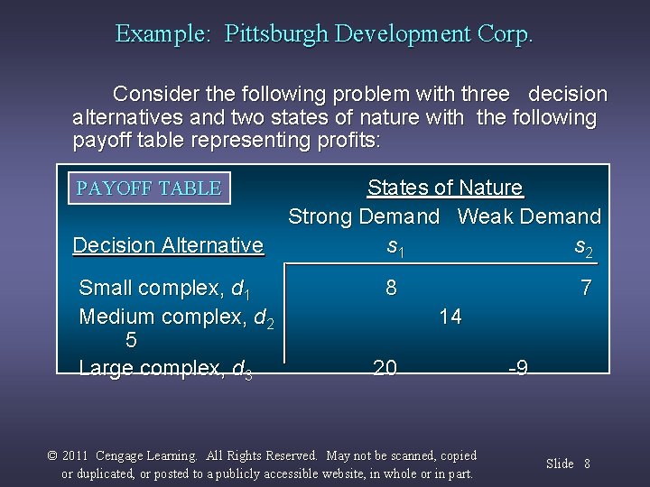 Example: Pittsburgh Development Corp. Consider the following problem with three decision alternatives and two