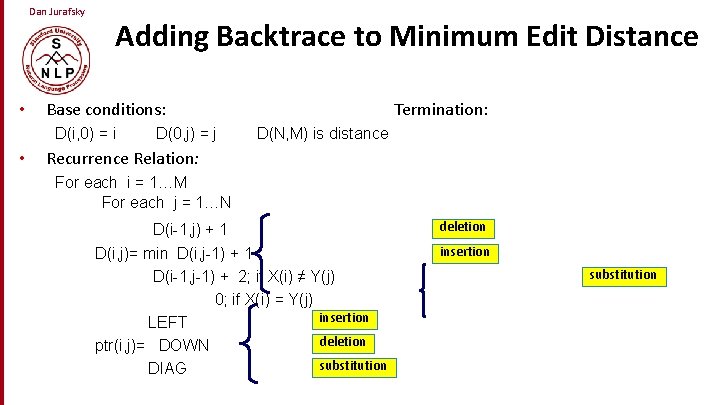 Dan Jurafsky • Adding Backtrace to Minimum Edit Distance Base conditions: D(i, 0) =