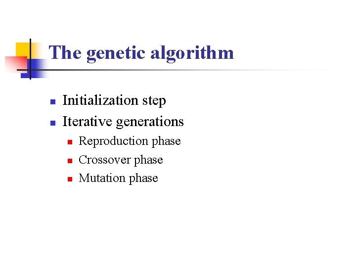 The genetic algorithm n n Initialization step Iterative generations n n n Reproduction phase The genetic algorithm n n Initialization step Iterative generations n n n Reproduction phase