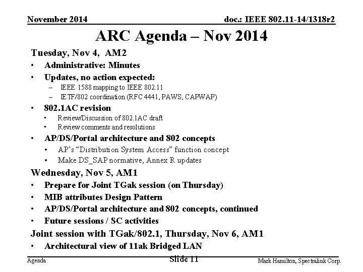 November 2014 doc. : IEEE 802. 11 -14/1318 r 2 ARC Agenda – Nov