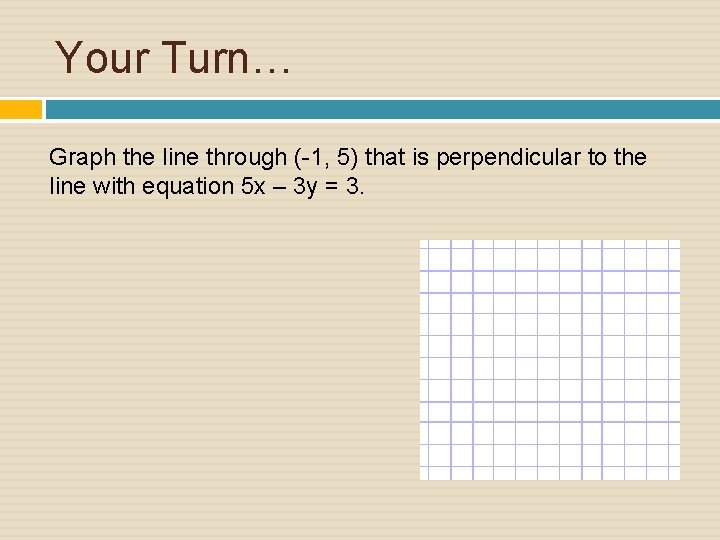 Your Turn… Graph the line through (-1, 5) that is perpendicular to the line