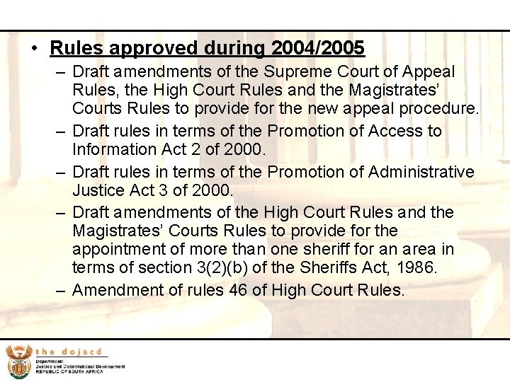 12 • Rules approved during 2004/2005 – Draft amendments of the Supreme Court of