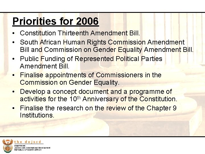 42 Priorities for 2006 • Constitution Thirteenth Amendment Bill. • South African Human Rights