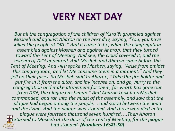 VERY NEXT DAY But all the congregation of the children of Yisra’ĕl grumbled against