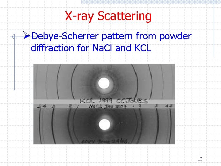 X-ray Scattering ØDebye-Scherrer pattern from powder diffraction for Na. Cl and KCL 13 