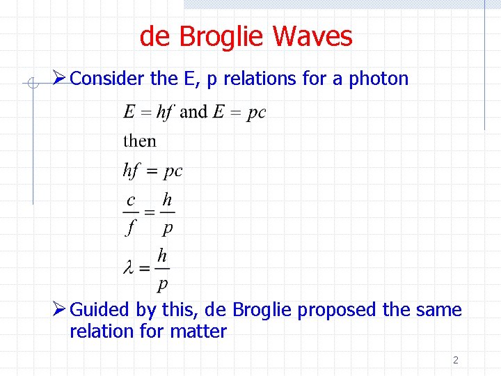 de Broglie Waves Ø Consider the E, p relations for a photon Ø Guided