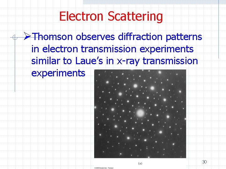 Electron Scattering ØThomson observes diffraction patterns in electron transmission experiments similar to Laue’s in