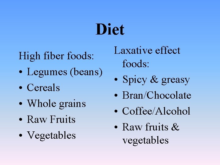 Diet High fiber foods: • Legumes (beans) • Cereals • Whole grains • Raw