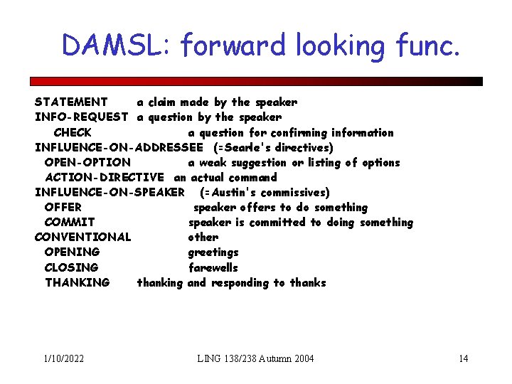 DAMSL: forward looking func. STATEMENT a claim made by the speaker INFO-REQUEST a question