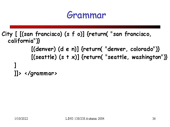 Grammar City [ [(san francisco) (s f o)] {return( "san francisco, california")} [(denver) (d