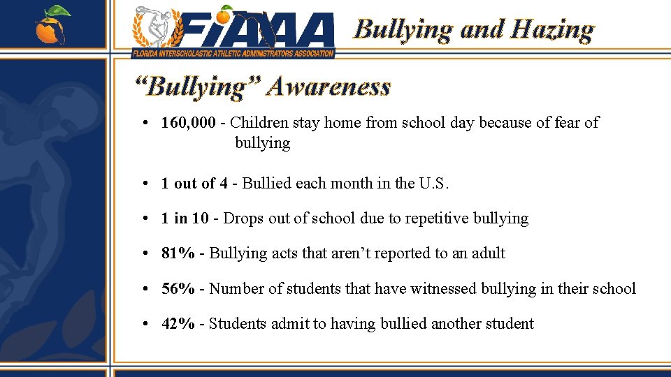Bullying and Hazing “Bullying” Awareness • 160, 000 - Children stay home from school