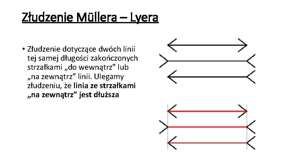 Złudzenie Müllera – Lyera • Złudzenie dotyczące dwóch linii tej samej długości zakończonych strzałkami