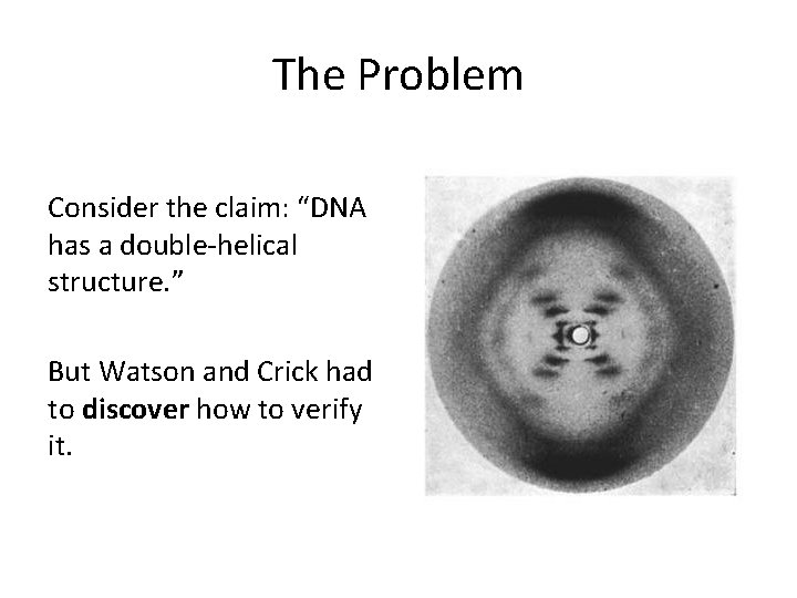 The Problem Consider the claim: “DNA has a double-helical structure. ” But Watson and