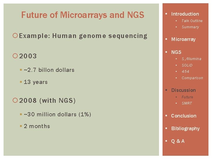 Future of Microarrays and NGS Example: Human genome sequencing 2003 § ~2. 7 billon