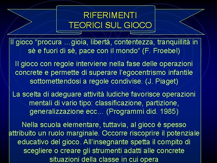 RIFERIMENTI TEORICI SUL GIOCO Il gioco “procura …gioia, libertà, contentezza, tranquillità in sè e