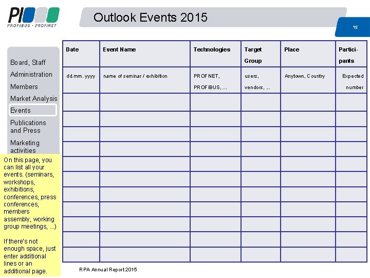 Outlook Events 2015 15 Date Event Name Technologies dd. mm. yyyy name of seminar Outlook Events 2015 15 Date Event Name Technologies dd. mm. yyyy name of seminar