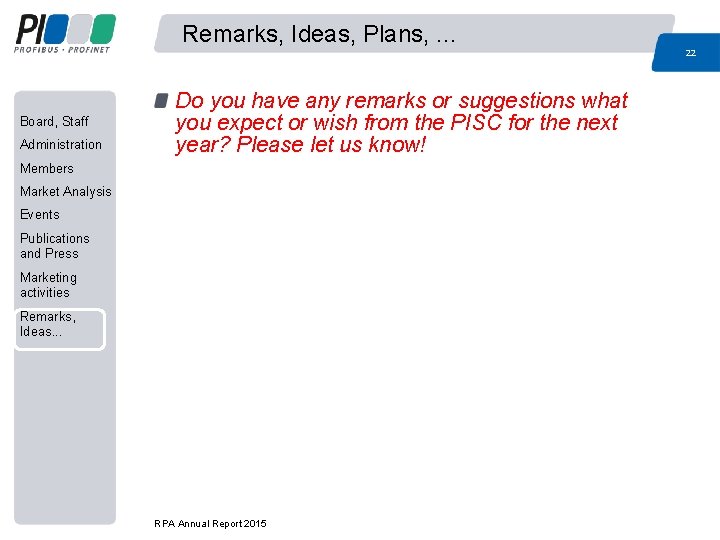 Remarks, Ideas, Plans, . . . 22 Board, Staff Administration Do you have any Remarks, Ideas, Plans, . . . 22 Board, Staff Administration Do you have any
