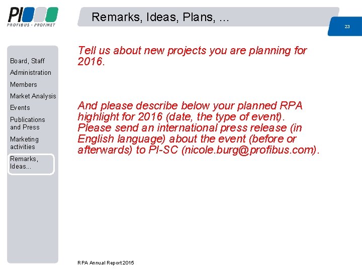 Remarks, Ideas, Plans, . . . 23 Board, Staff Tell us about new projects Remarks, Ideas, Plans, . . . 23 Board, Staff Tell us about new projects