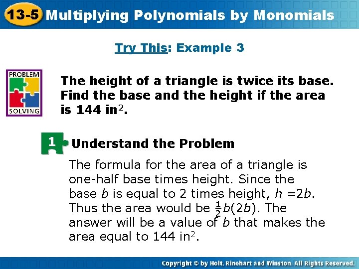 13 -5 Multiplying Polynomials by Monomials Insert Lesson Title Here Try This: Example 3