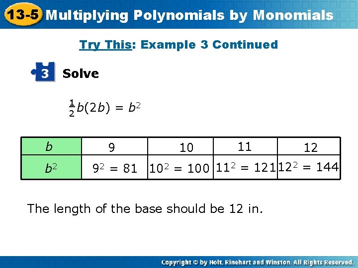 13 -5 Multiplying Polynomials by Monomials Insert Lesson Title Here Try This: Example 3