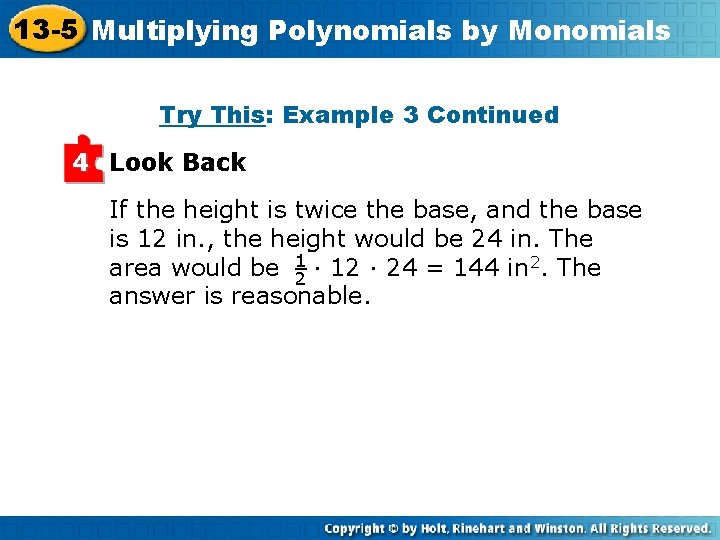 13 -5 Multiplying Polynomials by Monomials Insert Lesson Title Here Try This: Example 3