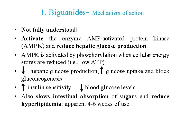 1. Biguanides- Mechanism of action • Not fully understood! • Activate the enzyme AMP-activated