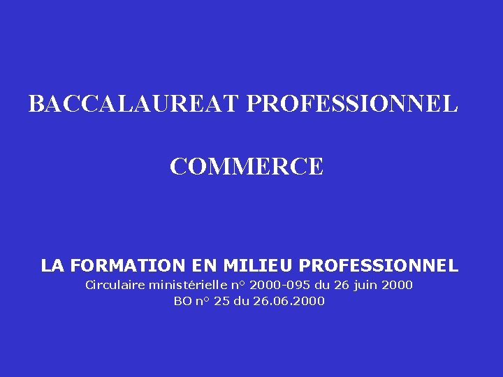 BACCALAUREAT PROFESSIONNEL COMMERCE LA FORMATION EN MILIEU PROFESSIONNEL Circulaire ministérielle n° 2000 -095 du
