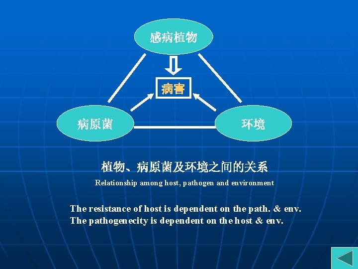 感病植物 病害 病原菌 环境 植物、病原菌及环境之间的关系 Relationship among host, pathogen and environment The resistance of