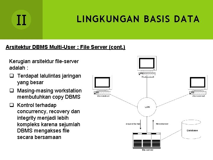 II LINGKUNGAN BASIS DATA Arsitektur DBMS Multi-User : File Server (cont. ) Kerugian arsitektur