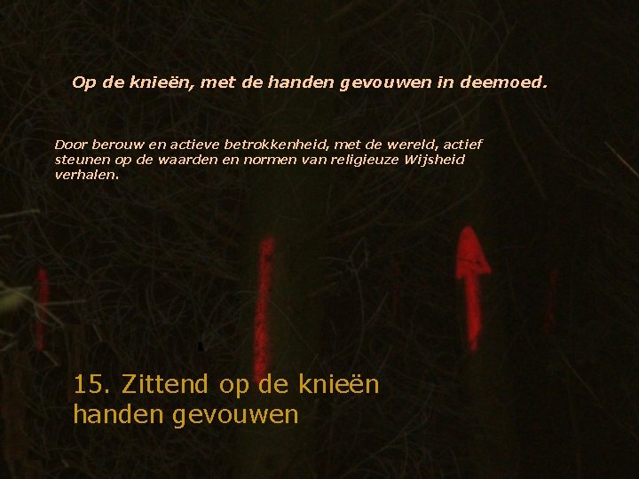 Op de knieën, met de handen gevouwen in deemoed. Door berouw en actieve betrokkenheid,