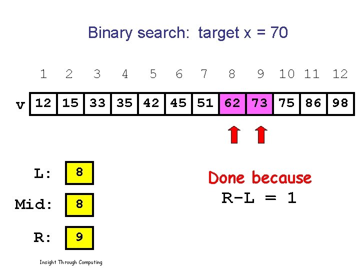 Binary search: target x = 70 1 2 3 4 5 6 7 8