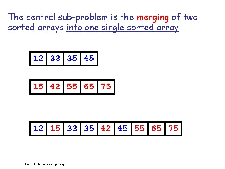The central sub-problem is the merging of two sorted arrays into one single sorted