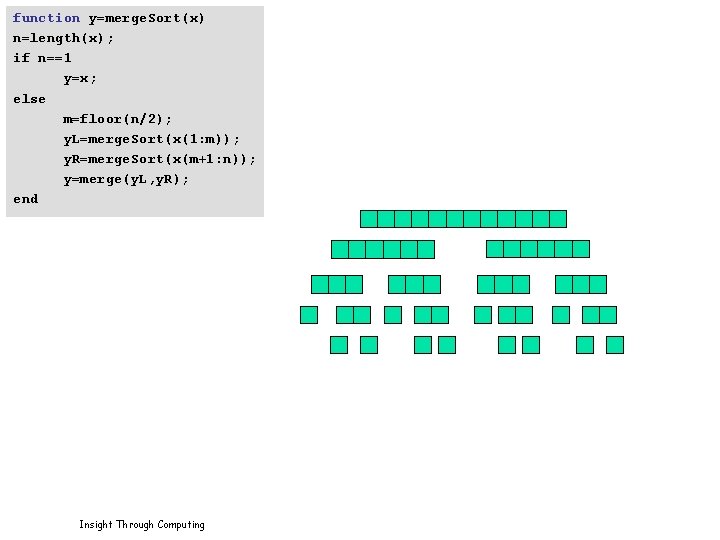 function y=merge. Sort(x) n=length(x); if n==1 y=x; else m=floor(n/2); y. L=merge. Sort(x(1: m)); y.