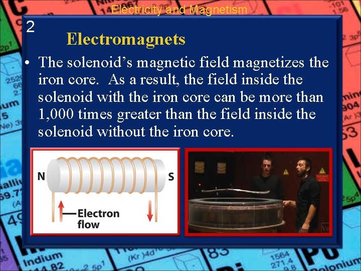 Electricity and Magnetism 2 Electromagnets • The solenoid’s magnetic field magnetizes the iron core.