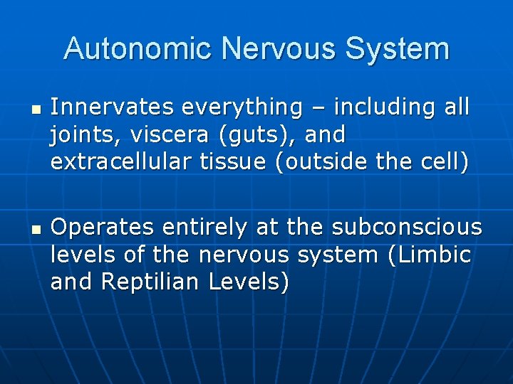 Autonomic Nervous System n n Innervates everything – including all joints, viscera (guts), and