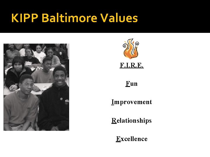 KIPP Baltimore Values F. I. R. E. Fun Improvement Relationships Excellence 