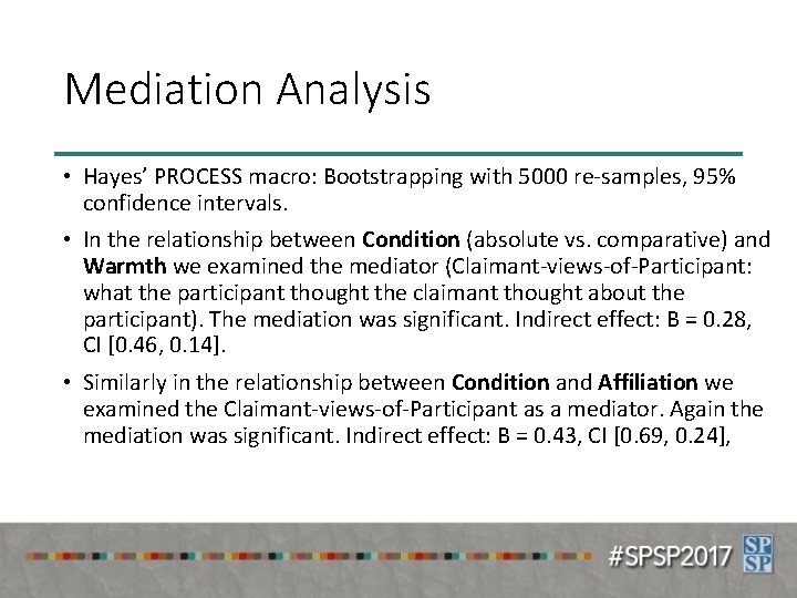 Mediation Analysis • Hayes’ PROCESS macro: Bootstrapping with 5000 re-samples, 95% confidence intervals. •