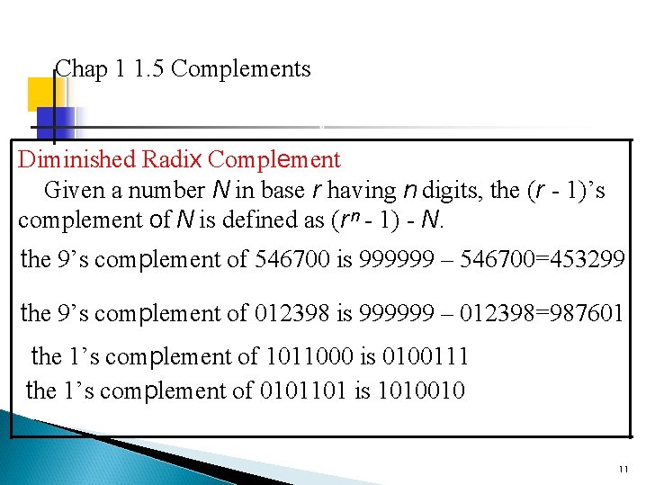 Chap 1 1. 5 Complements Diminished Radix Complement Given a number N in base