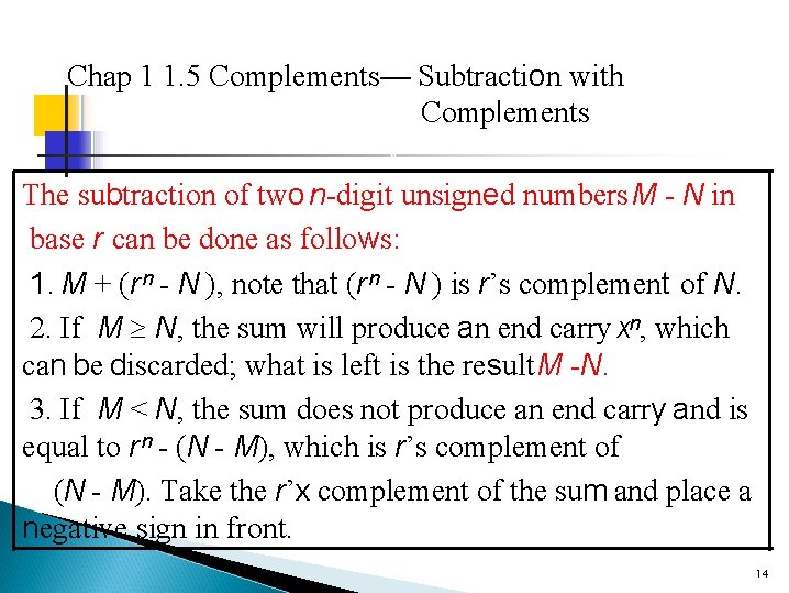Chap 1 1. 5 Complements— Subtraction with Complements The subtraction of two n-digit unsigned