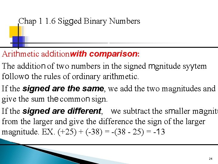 Chap 1 1. 6 Sigged Binary Numbers Arithmetic additionwith comparison: The addition of two
