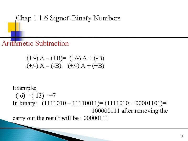 Chap 1 1. 6 Signen Binary Numbers Arithmetic Subtraction (+/-) A – (+B)= (+/-)