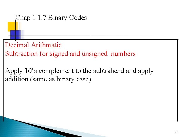 Chap 1 1. 7 Binary Codes Decimal Arithmatic Subtraction for signed and unsigned numbers