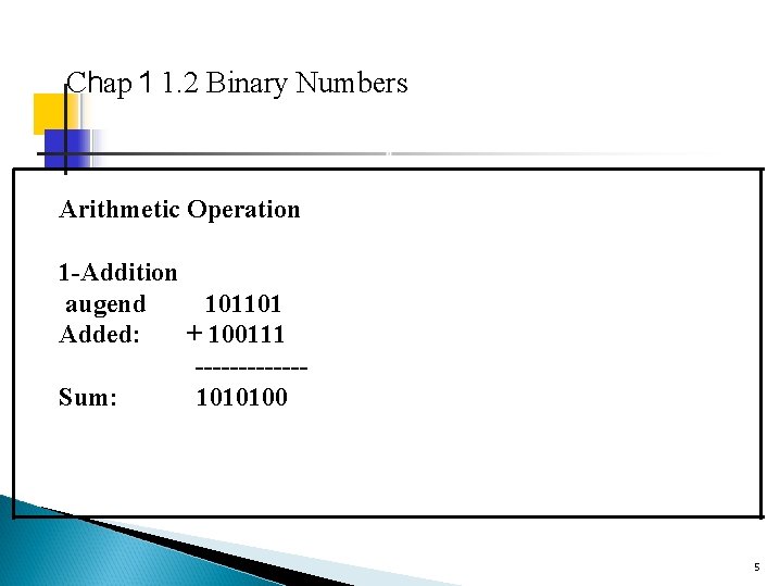 Chap 1 1. 2 Binary Numbers Arithmetic Operation 1 -Addition augend 101101 Added: +
