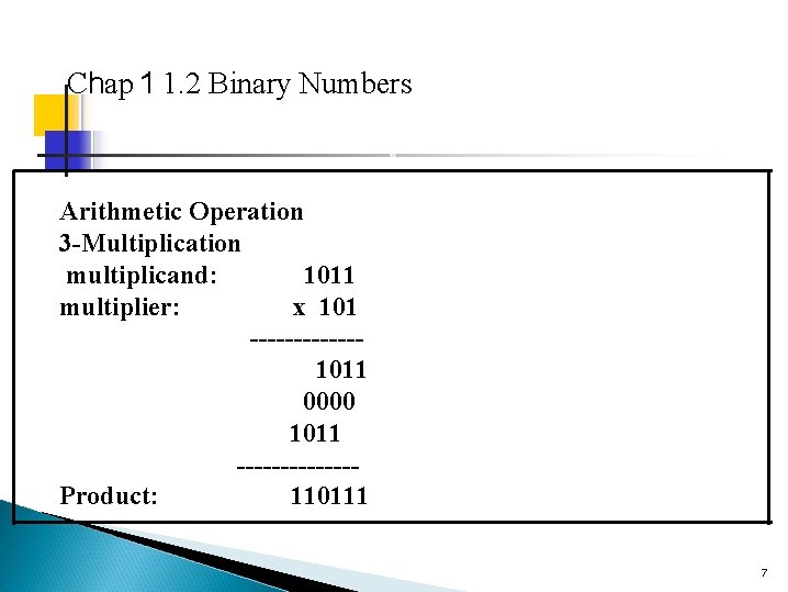 Chap 1 1. 2 Binary Numbers Arithmetic Operation 3 -Multiplication multiplicand: 1011 multiplier: x