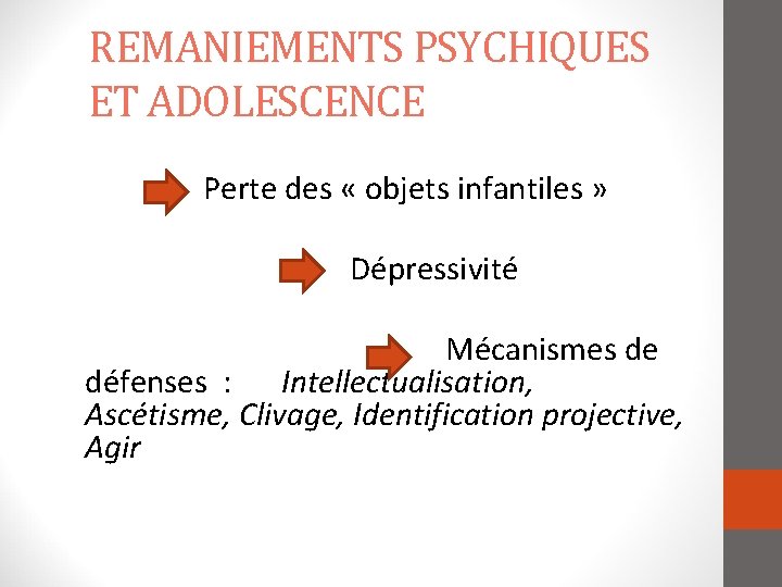 REMANIEMENTS PSYCHIQUES ET ADOLESCENCE Perte des « objets infantiles » Dépressivité Mécanismes de défenses