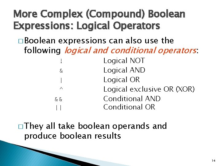 More Complex (Compound) Boolean Expressions: Logical Operators � Boolean expressions can also use the More Complex (Compound) Boolean Expressions: Logical Operators � Boolean expressions can also use the