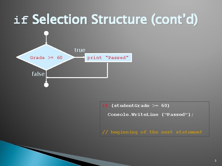 if Selection Structure (cont’d) true Grade >= 60 print “Passed” false if (student. Grade if Selection Structure (cont’d) true Grade >= 60 print “Passed” false if (student. Grade